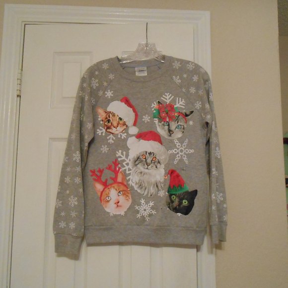 Freeze Flashing Lights Cat Christmas Sweatshirt (Bust 19") - Picture 9 of 10